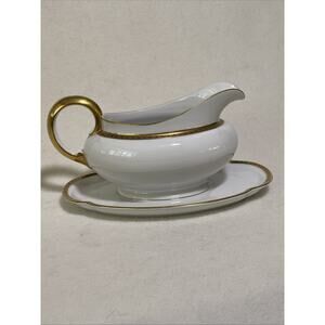 Antique Porcelain White /Gold Gilded Gravy Boat w Underplate Royal Tettau